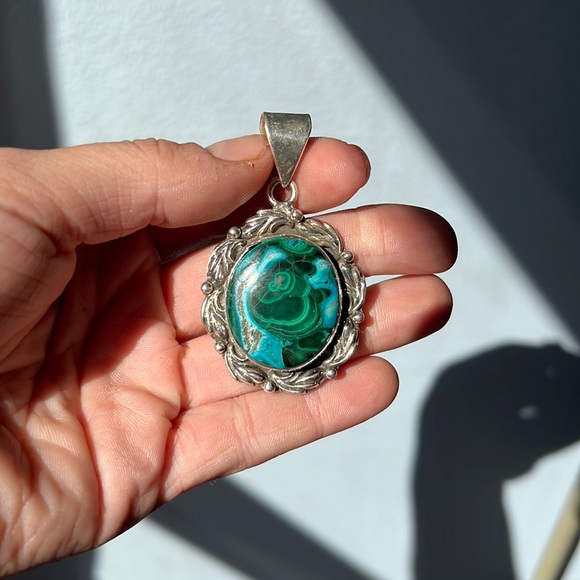 Sterling Silver 925 Malachite Chrysocolla Large Heavy Handmade Unique Pendant - Picture 1 of 3